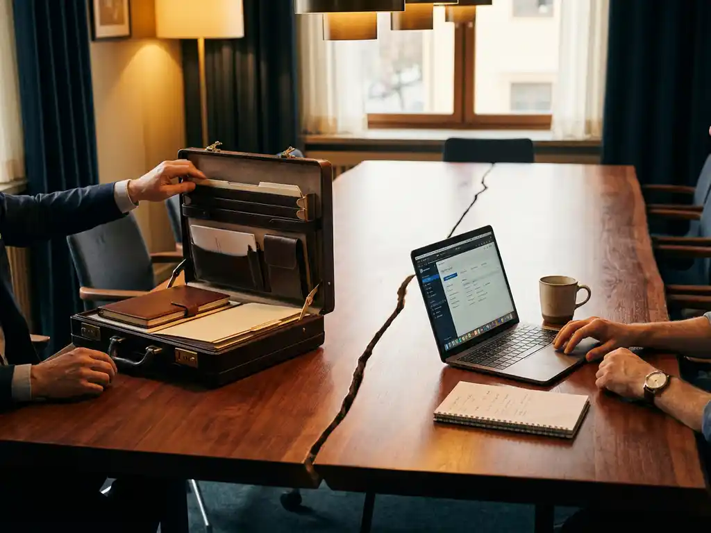 Mahagoni-Konferenztisch mit deutscher Ledertasche und strukturierten Dokumenten auf einer Seite, amerikanischer Laptop mit Kaffeetasse auf der anderen