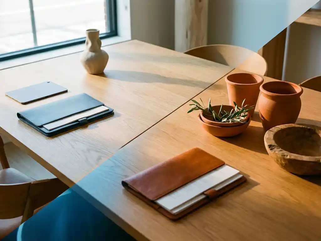Eleganter Holz-Konferenztisch mit nordischem Design auf einer Hälfte und mediterranen Terrakotta-Töpfern mit Olivenzweigen auf der anderen, zwei Lederportfolios an den Enden