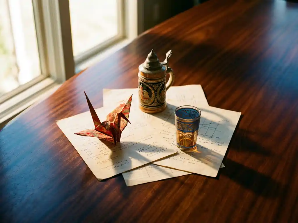 Mahagoni-Konferenztisch von oben mit Origami-Kranich, deutschem Bierkrug und orientalischem Teeglas auf Geschäftsdokumenten