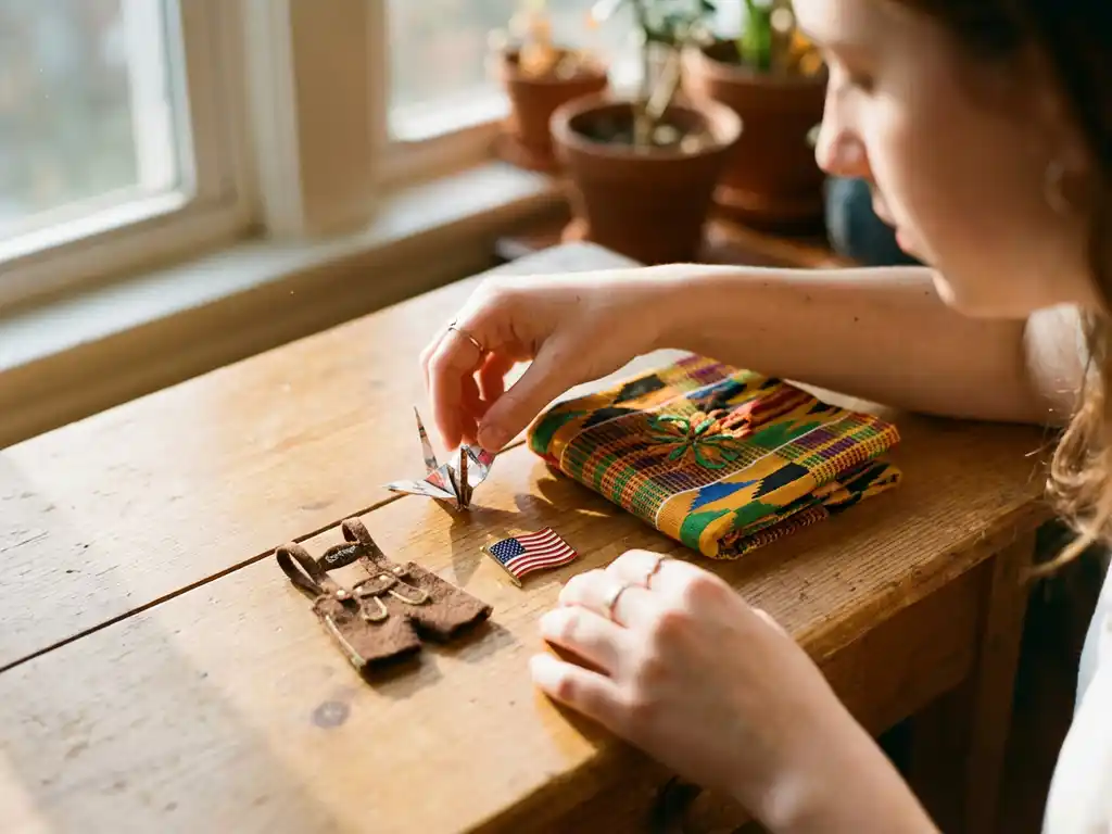 Junge Hände arrangieren kulturelle Artefakte auf Holztisch: Origami-Kranich, Lederhosen-Miniatur, US-Flaggen-Pin und afrikanisches Textil im goldenen Licht