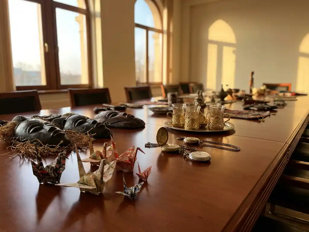 Traditionelle Kulturartefakte aus verschiedenen Kontinenten auf Mahagoni-Konferenztisch mit Origami-Kranichen, Holzmasken und Teeglä