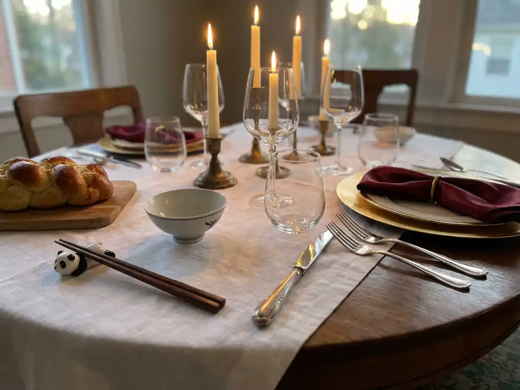 Eleganter runder Esstisch mit multikulturellen Gedecken: Stäbchen, europäisches Silberbesteck und traditionelles Brot bei Kerzenschein