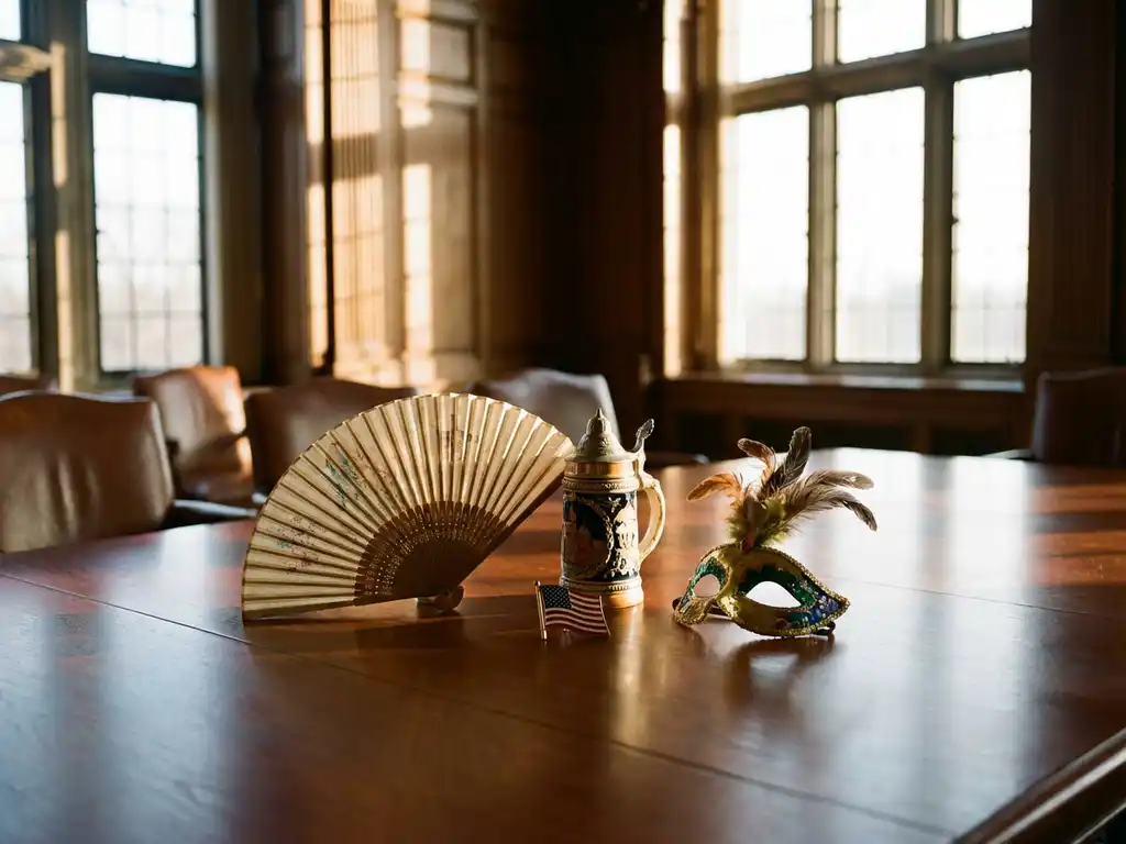 Mahagoni-Konferenztisch mit japanischem Fächer, deutschem Bierkrug, amerikanischer Flaggennadel und brasilianischer Karnevalsmaske im goldenen Licht