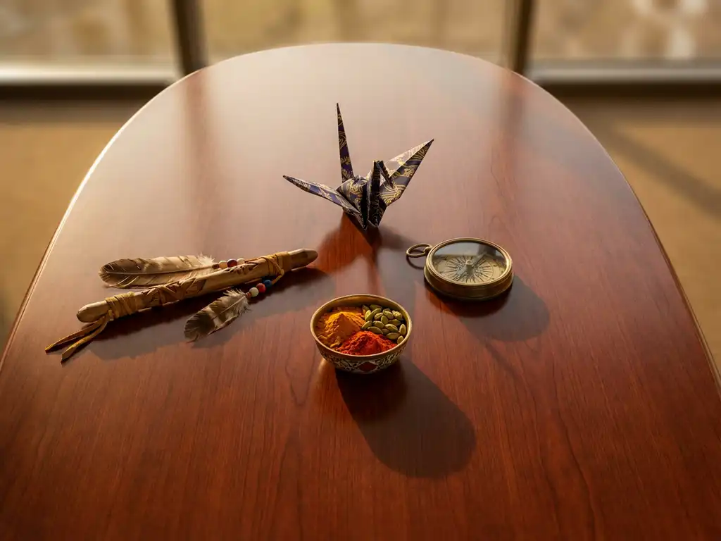 Konferenztisch aus Mahagoni mit vier kulturellen Artefakten: Origami-Kranich, Präzisionskompass, Gewürzschale und Redestab in warmer Beleuchtung