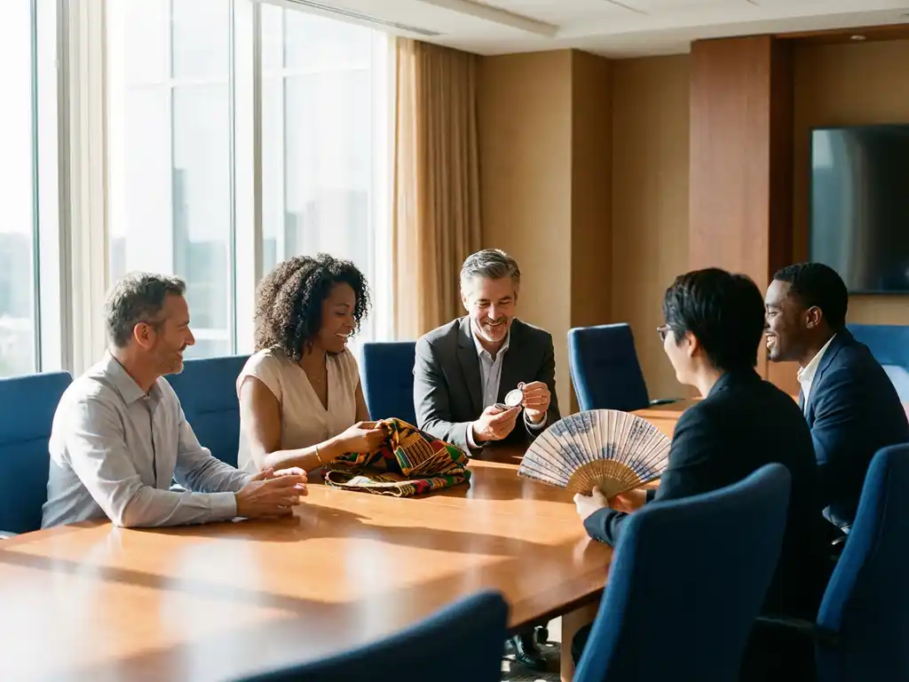 Diverse Fachkräfte verschiedener Kulturen sitzen am Konferenztisch und teilen kulturelle Artefakte wie japanischen Fächer und afrikanische Textilien