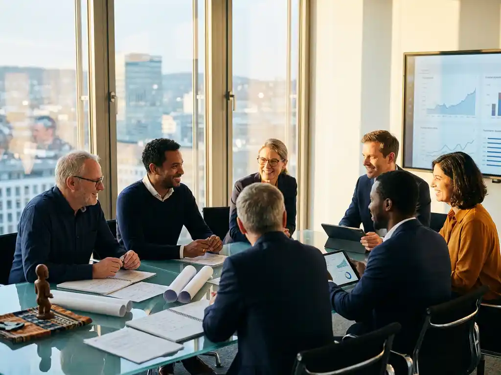 Diverse Fachkräfte verschiedener Kulturen arbeiten gemeinsam am Glastisch in modernem Stuttgarter Büro mit Tablets und traditionellen Notizen