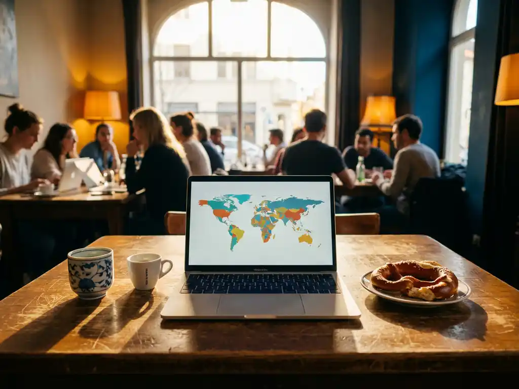 Laptop mit Weltkarte auf Holztisch umgeben von japanischer Teetasse, Espressotasse und Brezel bei goldenem Sonnenlicht