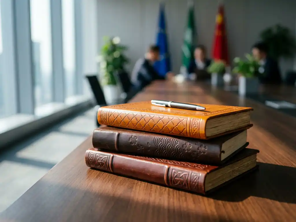 Drei lederne Notizbücher mit traditionellen Mustern gestapelt auf Holzkonferenztisch, silberner Stift darüber, warmes Tageslicht