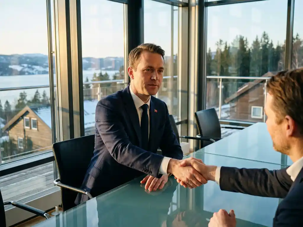 Norwegischer Geschäftsmann im marineblauen Anzug gibt Kollegen die Hand am Glastisch, schneebedeckte Fjorde im Hintergrund