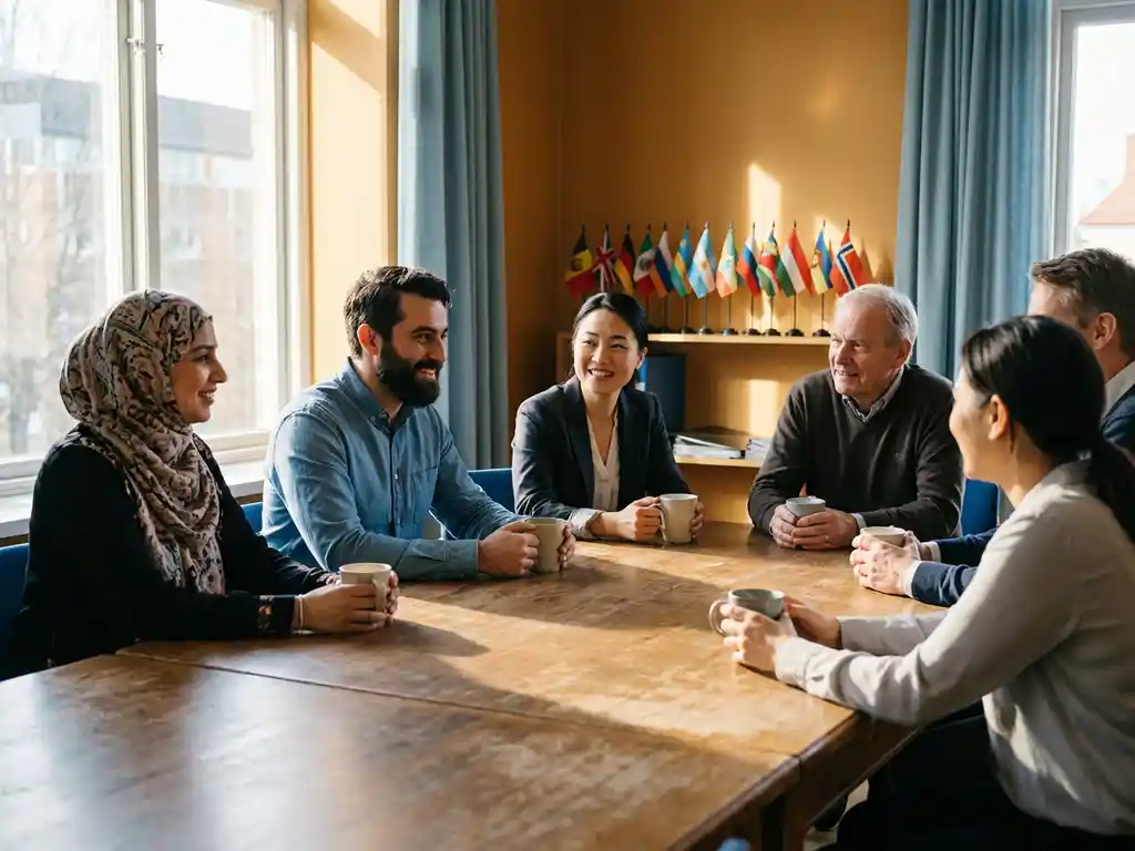 Diverse Fachkräfte verschiedener Kulturen sitzen um Holzkonferenztisch, teilen Kaffee und lächeln während Onboarding-Meeting, internationale Flaggen im Hintergrund