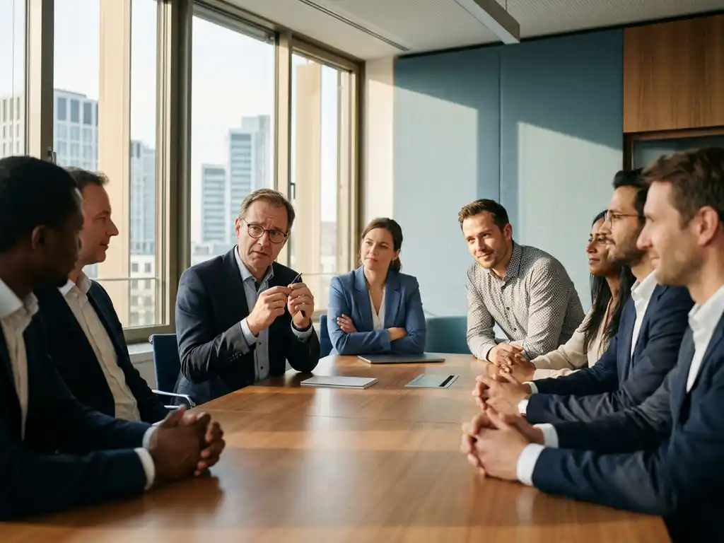 Diverse internationale Fachkräfte bei Probezeit-Meeting am Konferenztisch in modernem Stuttgarter Büro mit bodentiefen Fenstern