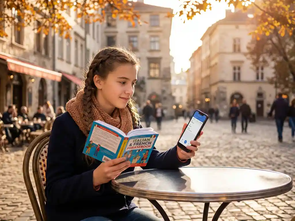 Teenager mit Smartphone und Sprachführer an Café-Tisch auf europäischem Kopfsteinpflaster-Platz bei goldenem Herbstlicht