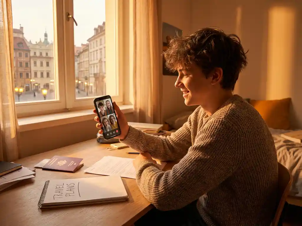 Teenager am Holzschreibtisch mit Smartphone-Videoanruf von Freunden, Reisepass und Dokumente daneben, warmes Abendlicht durch Fenster