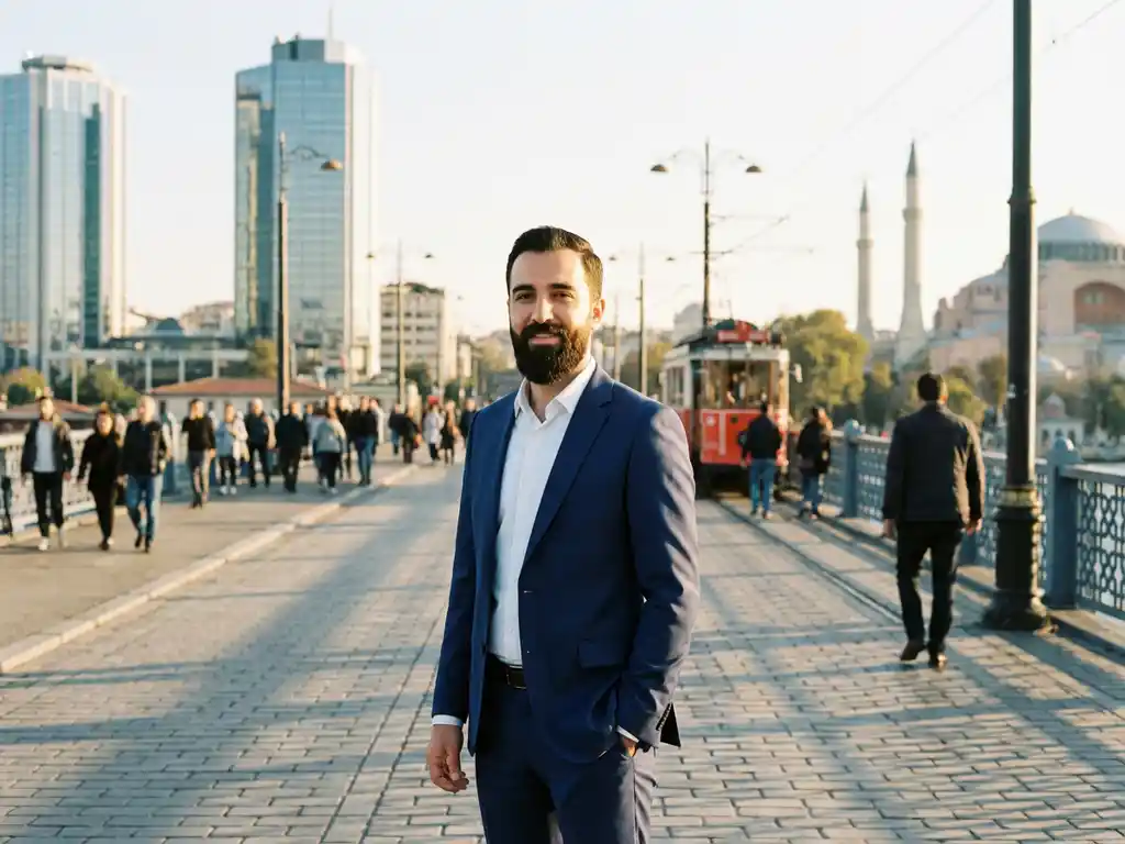 Türkischer Geschäftsmann im marineblauen Anzug auf der Galata-Brücke in Istanbul bei goldenem Sonnenlicht