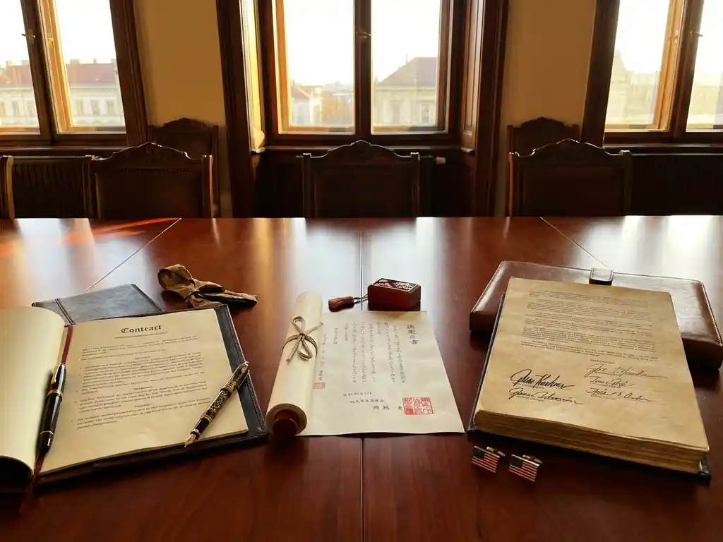 Mahagoni-Konferenztisch mit deutschen, japanischen und amerikanischen Verträgen, umgeben von kulturellen Artefakten wie Füllfederhalter, Hanko-Stempel und Flaggen-Manschettenknöpfen