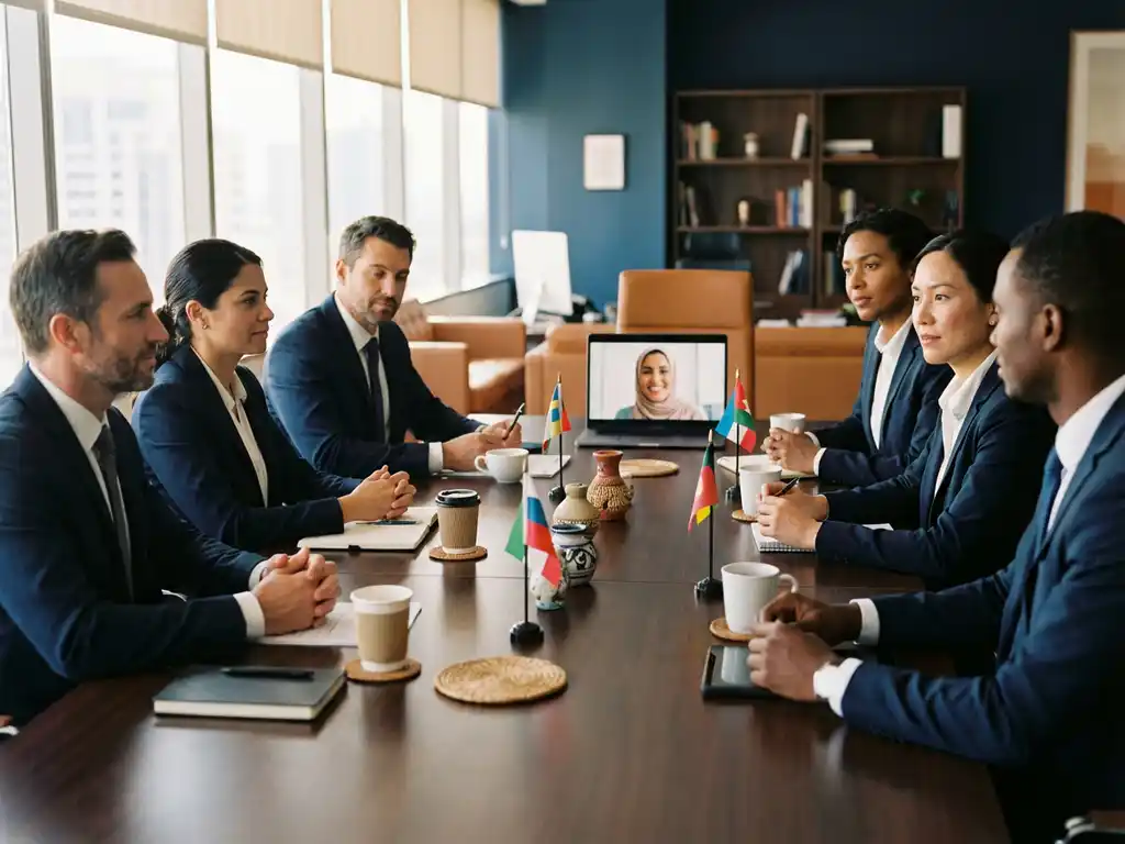 Vielfältiges Professionellen-Team am Konferenztisch während Video-Interview mit internationalem Kandidaten auf Laptop-Bildschirm