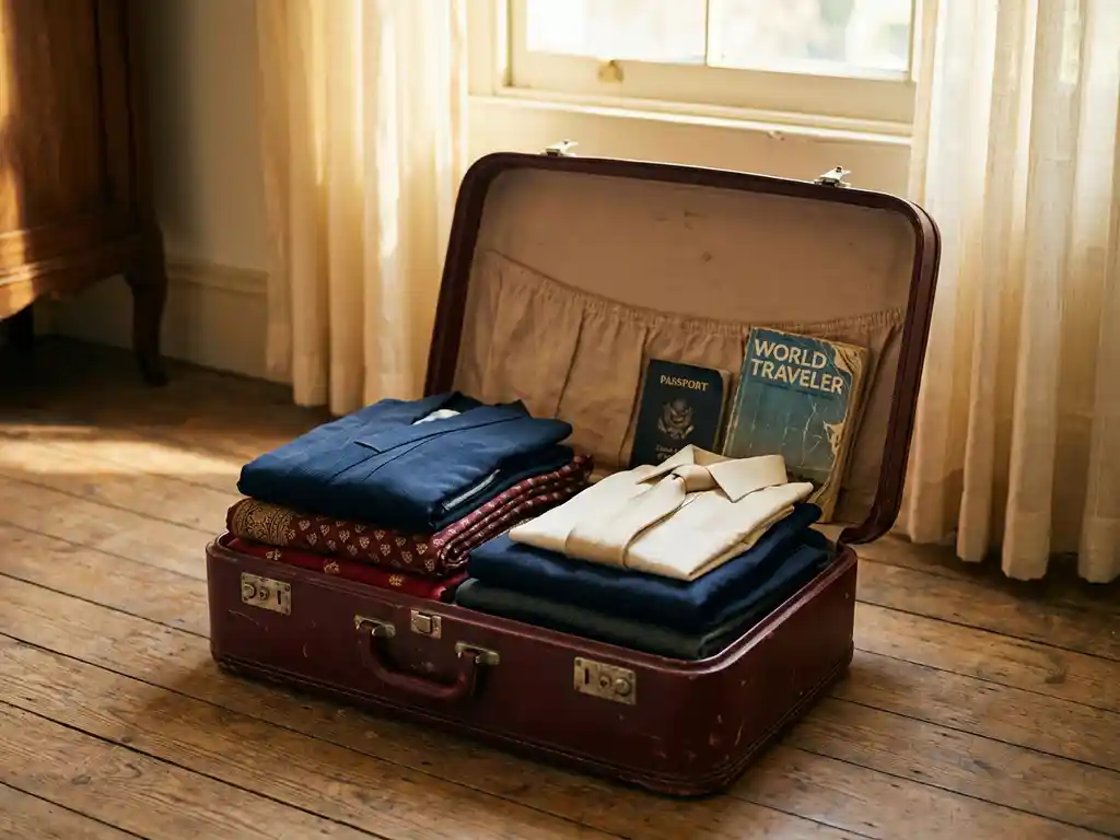 Offener Vintage-Lederkoffer auf Hotelboden mit gefalteten traditionellen Kleidungsstücken, Reisepass und Reiseführer im goldenen Sonnenlicht