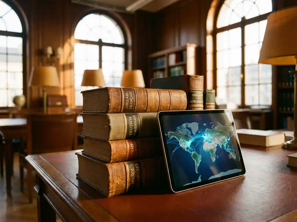 Vintage Wörterbücher gestapelt auf Mahagoni-Schreibtisch mit modernem Tablet, das Weltkarte zeigt, warmes Nachmittagslicht