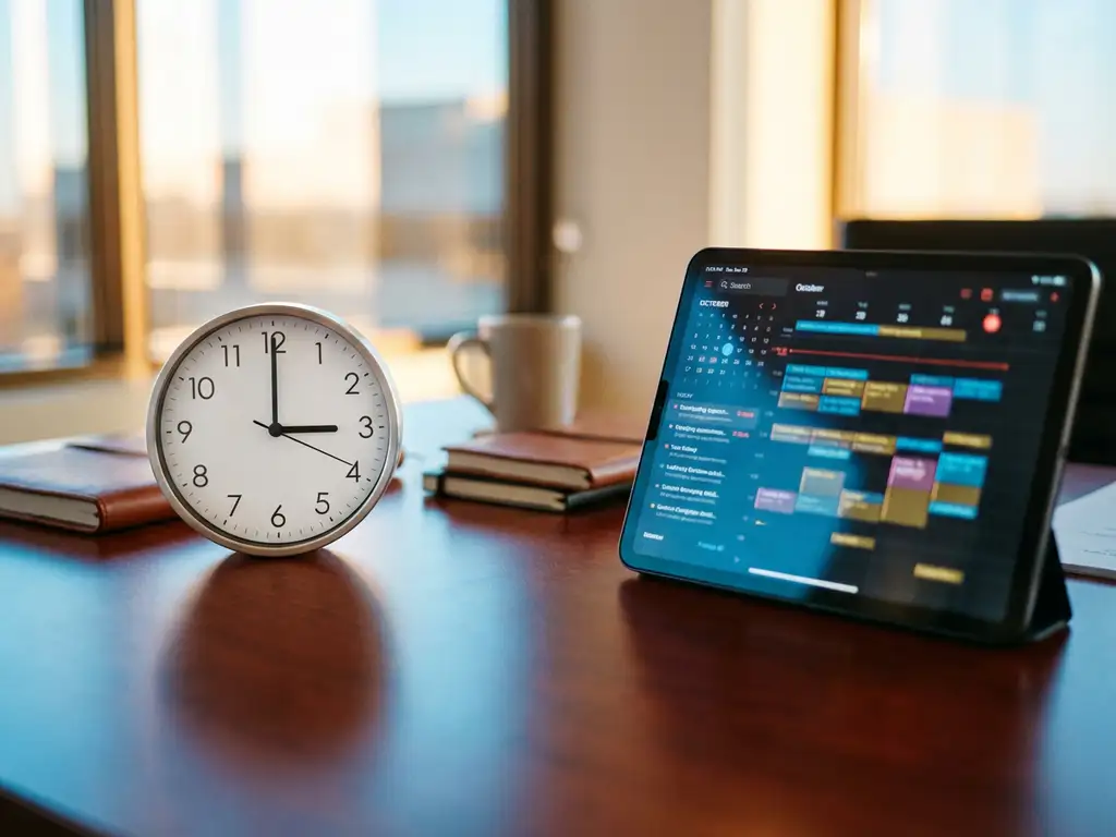 Analoge Uhr zeigt 15:15 Uhr neben digitalem Kalender mit Terminen auf Mahagoni-Schreibtisch im hellen Büro