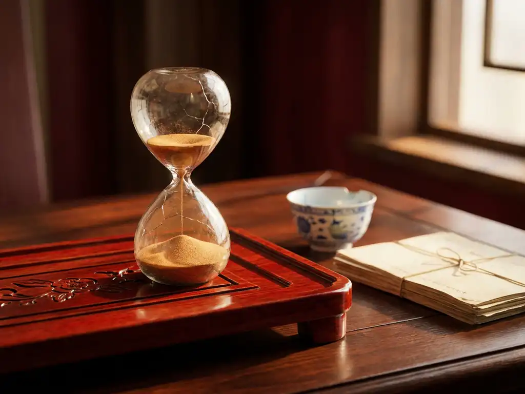 Cracked antique hourglass on a red lacquered Chinese tea tray with frozen falling sand, porcelain teacup, and folded documents in warm amber light.