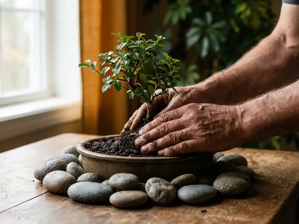 Verwitterte Hände beim Einpflanzen eines Bonsai-Setzlings in dunkle Erde, umgeben von Flusssteinen auf Holzoberfläche.