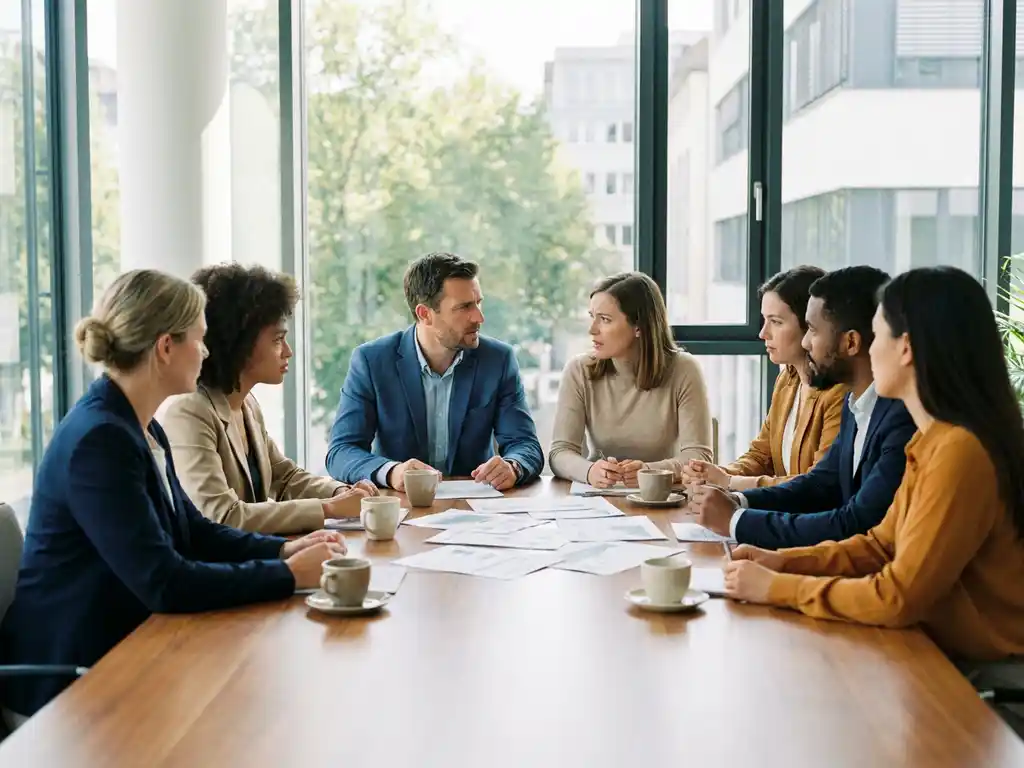 Fachleute in einem Stuttgarter Büro am Konferenztisch mit Kommunikationsproblemen, zwei Kollegen tauschen verwirrte Blicke aus.