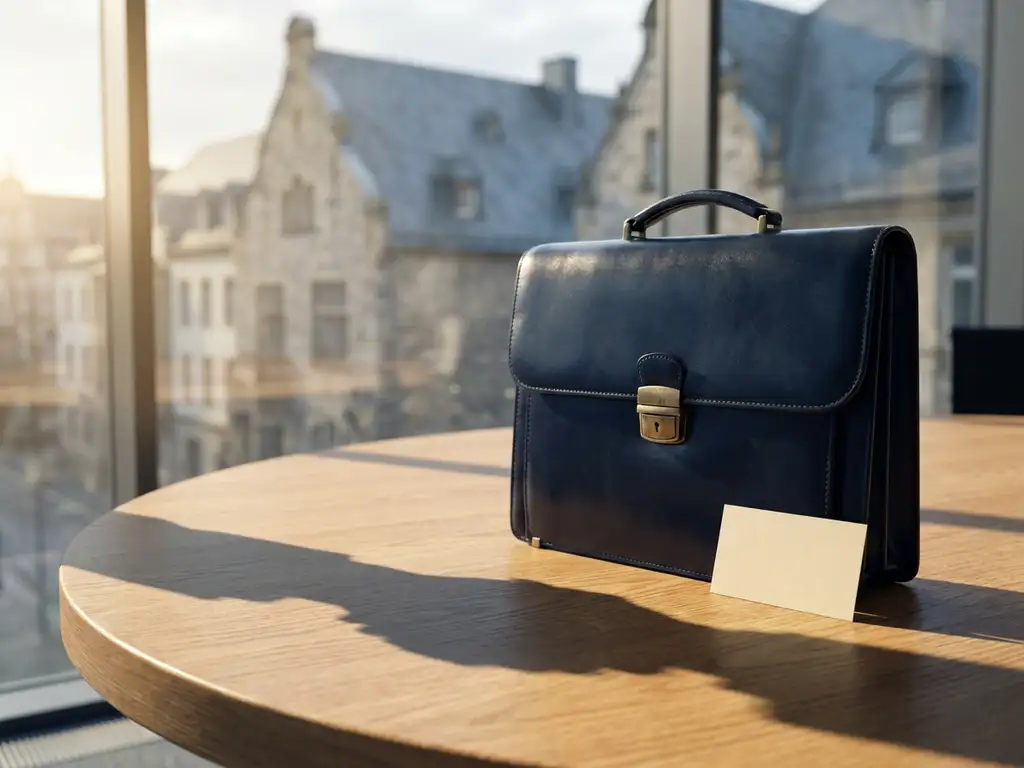 Polished leather briefcase and business card on oak conference table with handshake shadow, German architecture visible through floor-to-ceiling window.