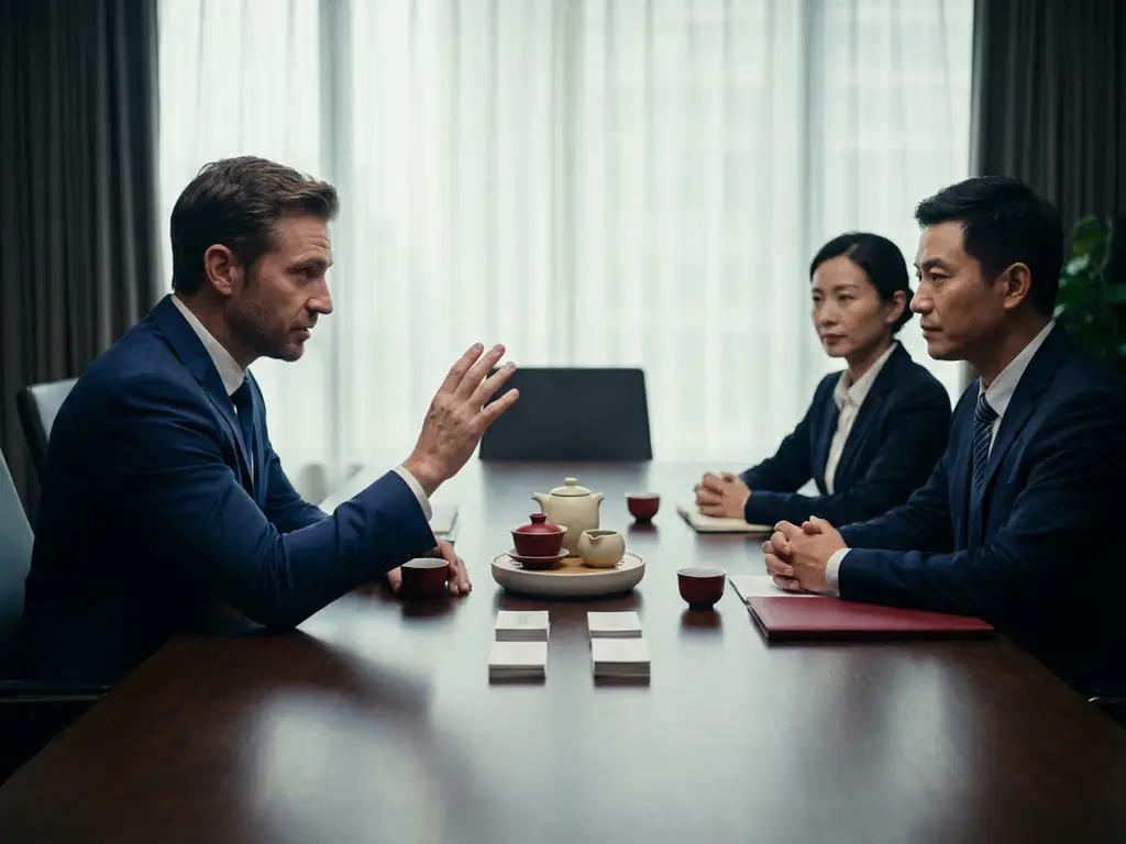 Foreign businessman mid-gesture across a conference table from Chinese colleagues, with tea set and business cards between them.