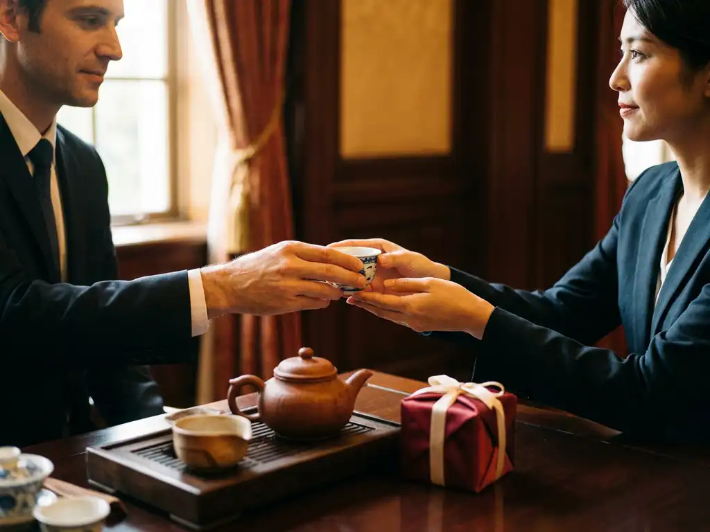 Two business professionals sharing a formal tea ceremony across a dark wood table with porcelain teacups, clay teapot, and a red silk-wrapped gift box.