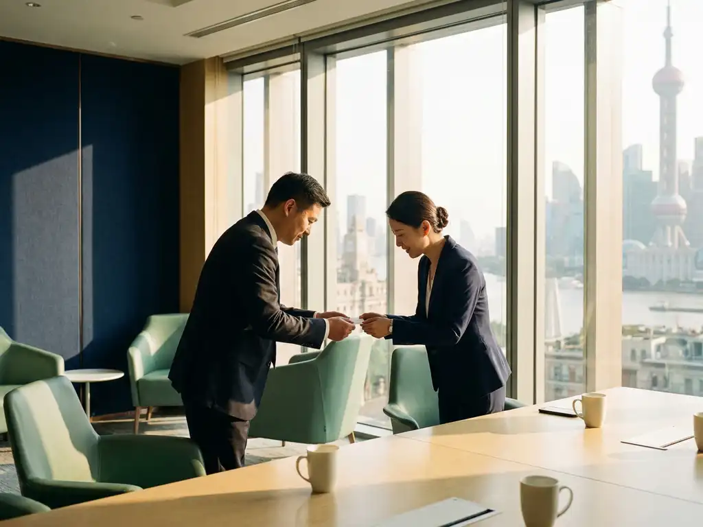 Two professionals exchanging business cards with a respectful two-handed bow in a sunlit Shanghai conference room.