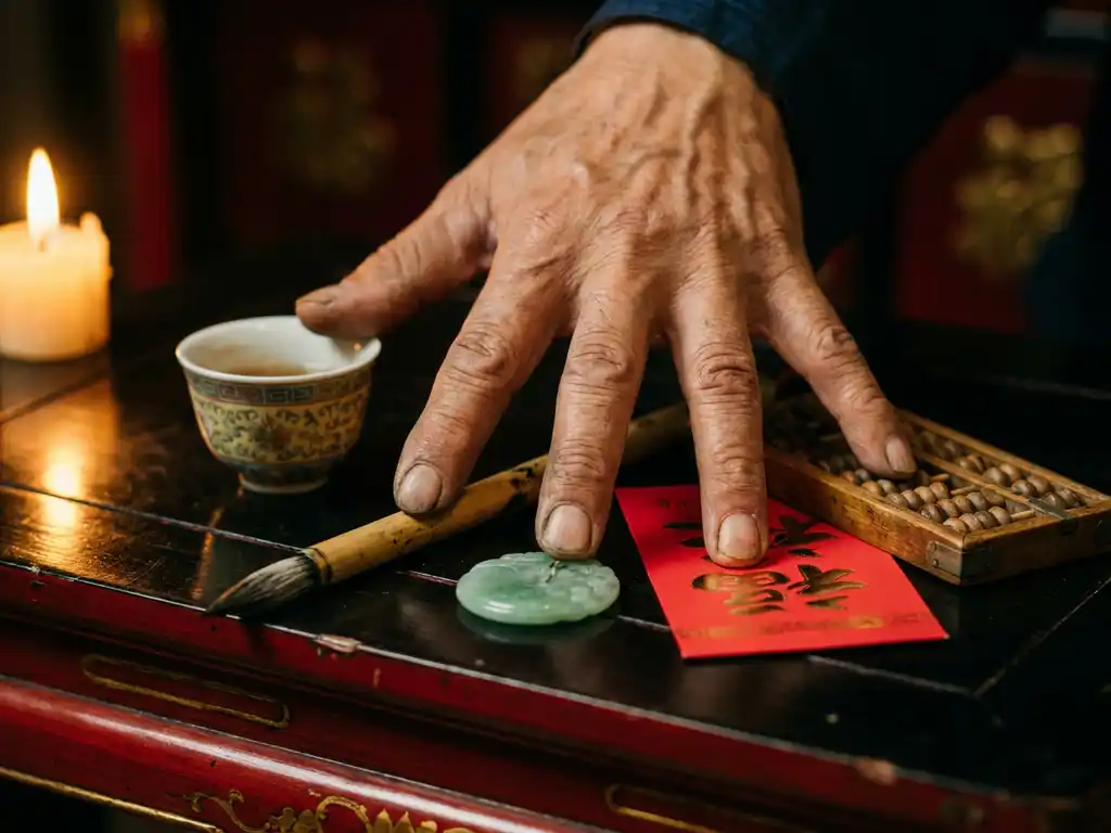 Weathered hand with fingers touching five Chinese cultural symbols: tea cup, calligraphy brush, jade stone, red envelope, and abacus on lacquered surface.