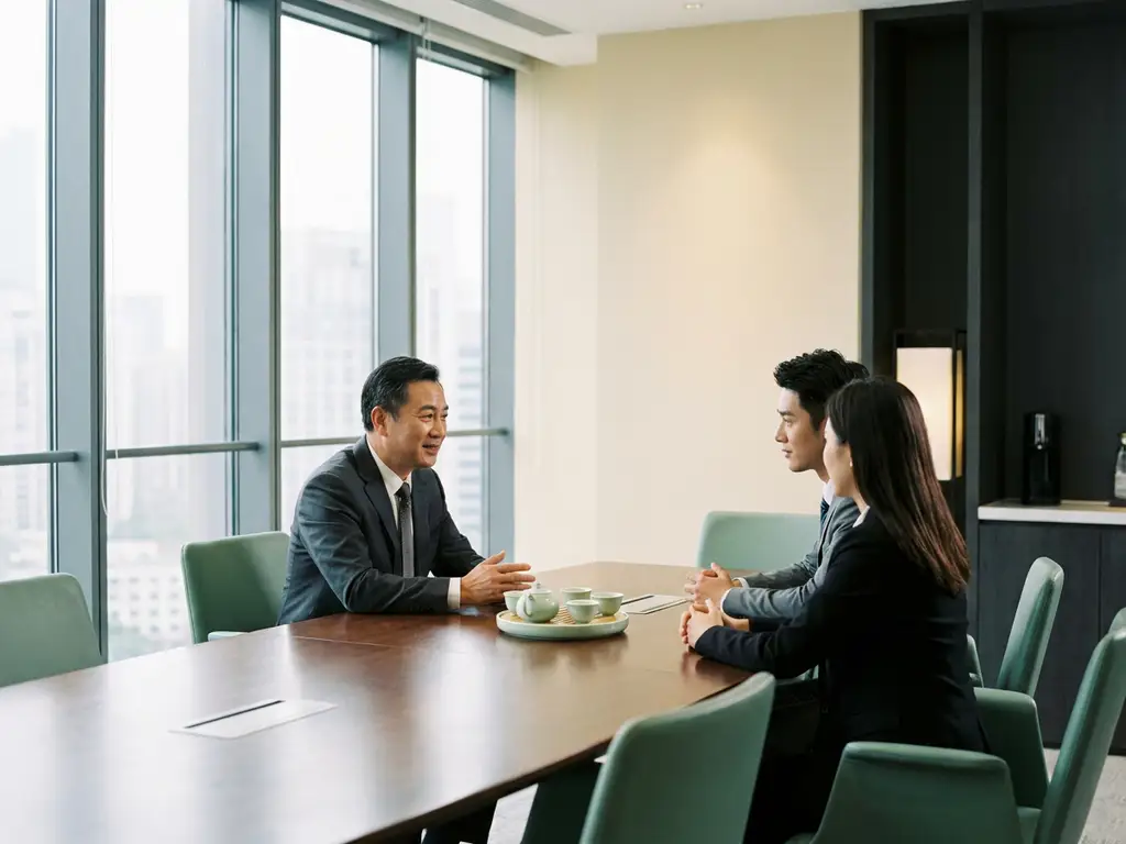 Chinese business intermediary meeting two professionals at a dark wood table in a Shanghai conference room, ceramic tea set centered between them.