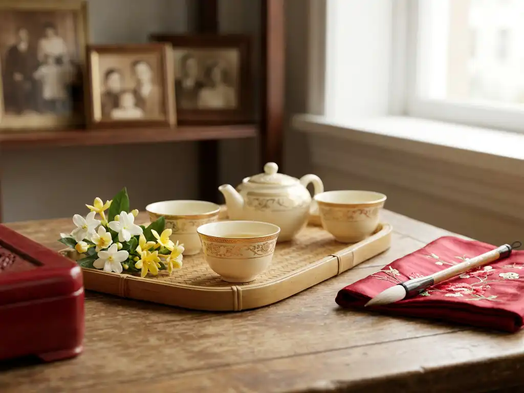 Porcelain teacups and jasmine flowers on a bamboo tray beside a calligraphy brush on red silk, with family photos softly blurred behind.