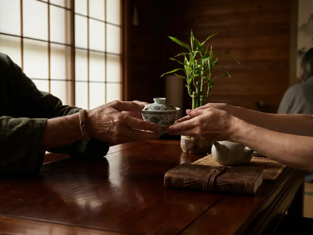 Hands exchanging a ceramic tea cup over a dark wood table with bamboo arrangement and notebook, warm light through shoji screens.