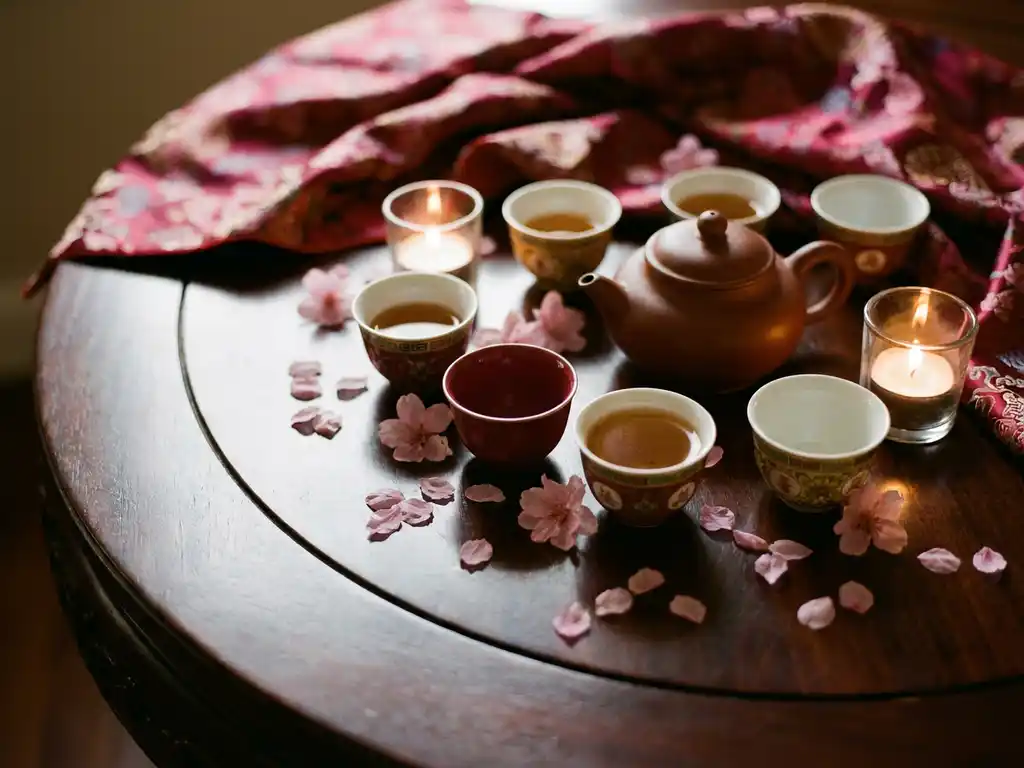 Traditional Chinese tea ceremony set with clay teapot and porcelain cups on dark lacquered wood, surrounded by cherry blossom petals in warm candlelight.