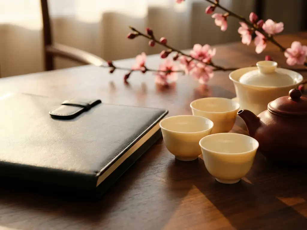 Chinesisches Teeservice aus Porzellan und Tonkanne neben Leder-Portfolio auf dunklem Holztisch, Kirschblütenzweige im Hintergrund.