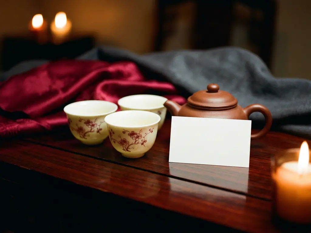 Chinesisches Teeservice aus Porzellan und Tonkanne auf lackiertem Holztisch mit weißer Visitenkarte, Kerzenlicht-Atmosphäre.