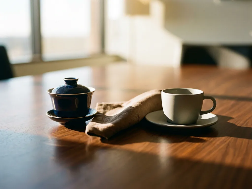 Traditionelles chinesisches Teeservice und moderne deutsche Kaffeetasse auf Walnussholz-Konferenztisch, durch Leinenserviette verbunden.