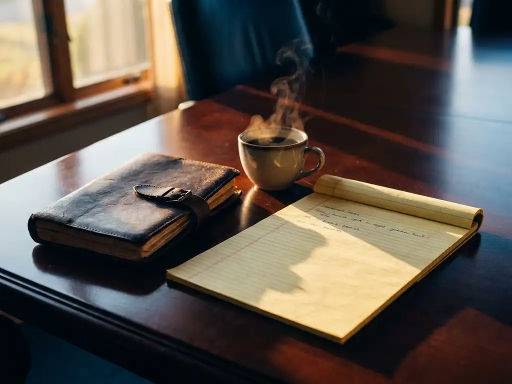Abgenutztes Ledernotiz­buch und amerikanischer Schreibblock auf Konferenztisch, dampfende Kaffeetasse dazwischen, warmes Amber- und Marinelicht.