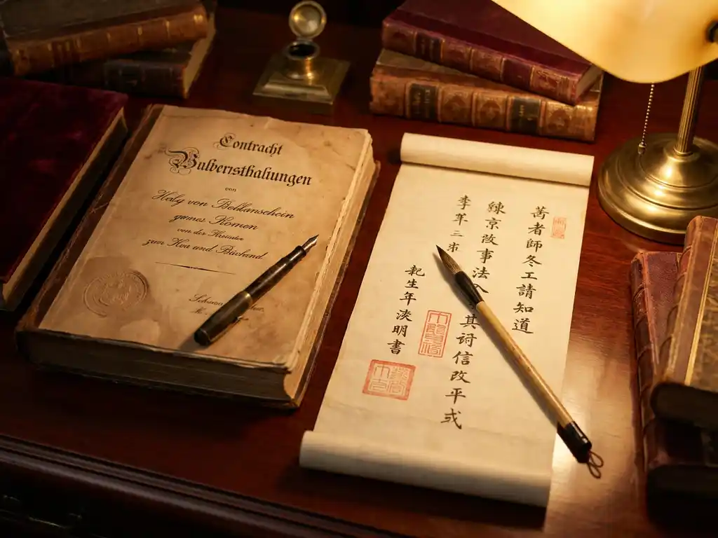 Abgenutzter Ledereinband-Vertrag neben rot gestempeltem chinesischen Vertrag auf Mahagonischreibtisch, Kalligraphiepinsel und Füllfederhalter darauf.