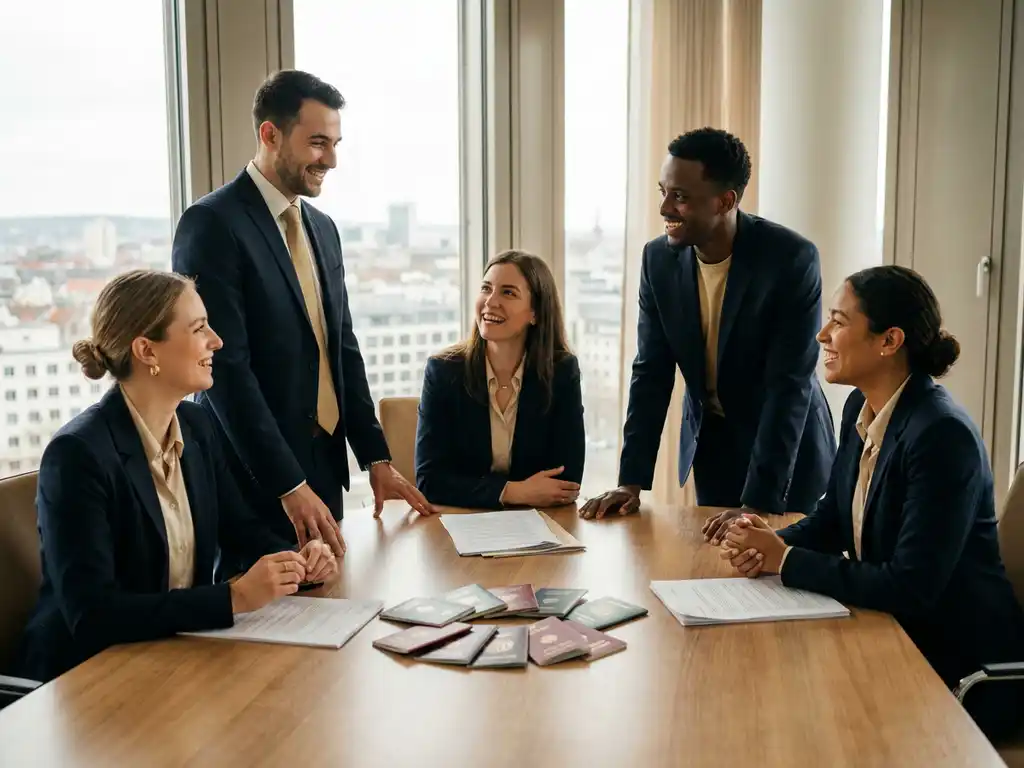 Fachleute um einen Konferenztisch mit internationalen Reisepässen und Dokumenten in einem modernen Stuttgarter Büro mit Stadtpanorama.