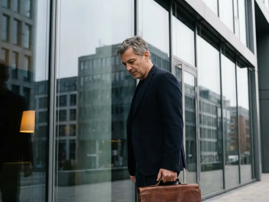 Foreign professional with leather briefcase pausing outside a glass-and-steel German office building under soft overcast daylight.