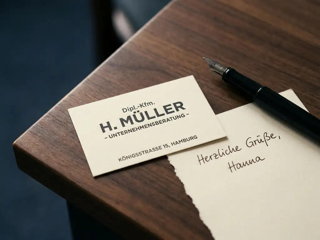 Formal business card and handwritten name on cream notepaper resting on a walnut desk beside a fountain pen in soft natural light.