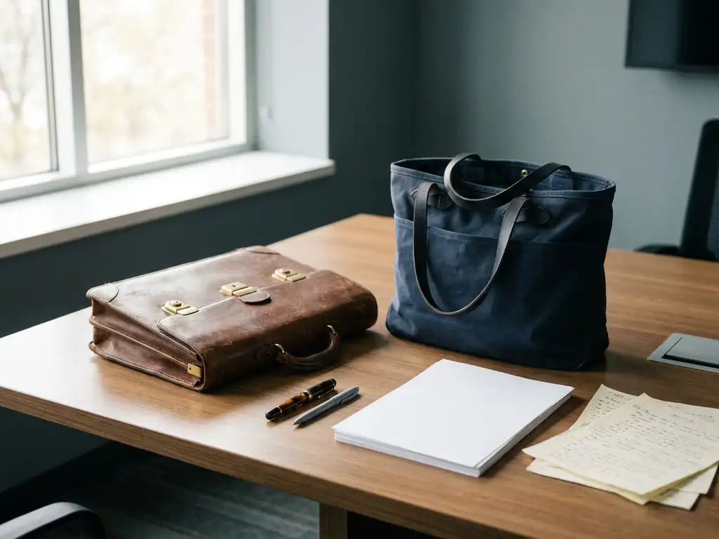 Worn leather German briefcase and canvas American tote bag side by side on a conference table with fountain pen, ballpoint, and contrasting paper stacks.