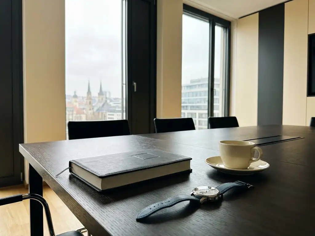 Leather agenda notebook, ceramic coffee cup, and mechanical watch arranged on a German business meeting table overlooking Stuttgart's grey skyline.