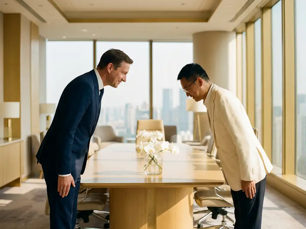 German and Chinese business professionals exchanging a respectful bow in a sunlit modern conference room with white orchids on the table.