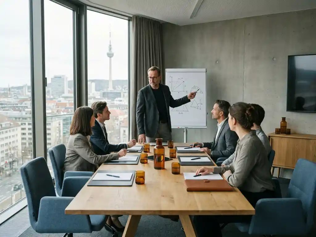 German professional leading a structured team meeting at a minimalist conference table with Stuttgart cityscape visible through floor-to-ceiling windows.