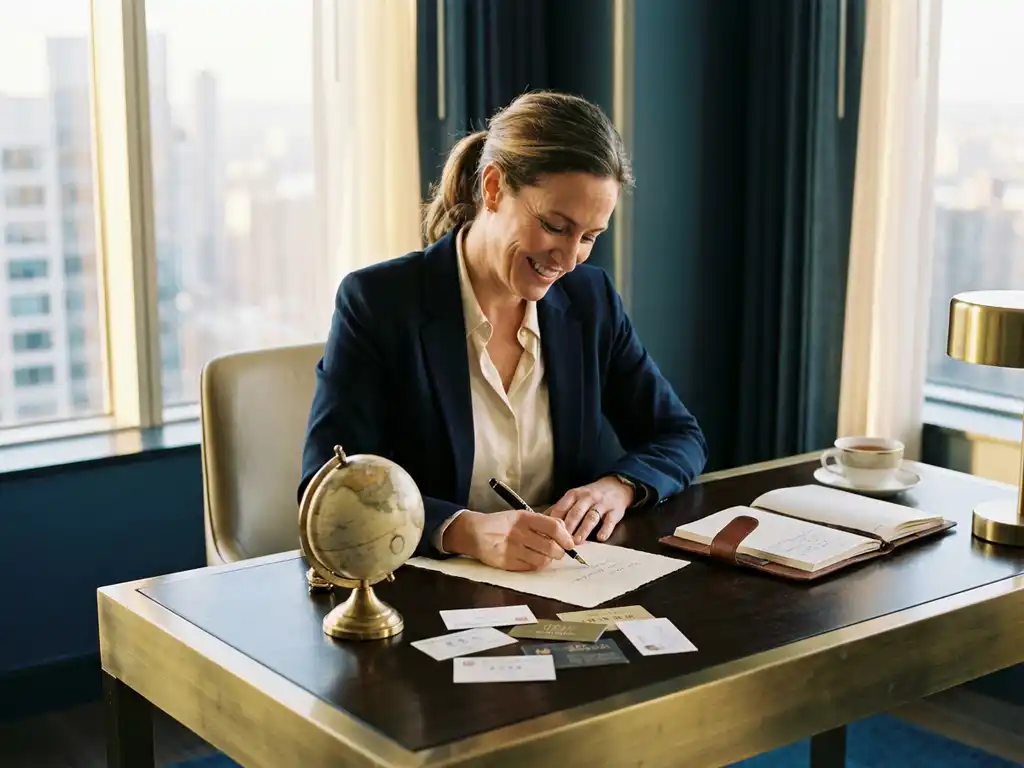 Geschäftsfrau schreibt handschriftliche Notiz an modernem Schreibtisch mit Globus, internationalen Visitenkarten und Ledernotizblock im warmen Bürolicht.