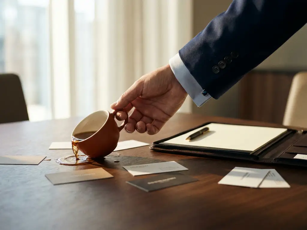 Businesshand stößt Zeremonial-Teetasse auf poliertem Konferenztisch um, umgeben von umgedrehten internationalen Visitenkarten.