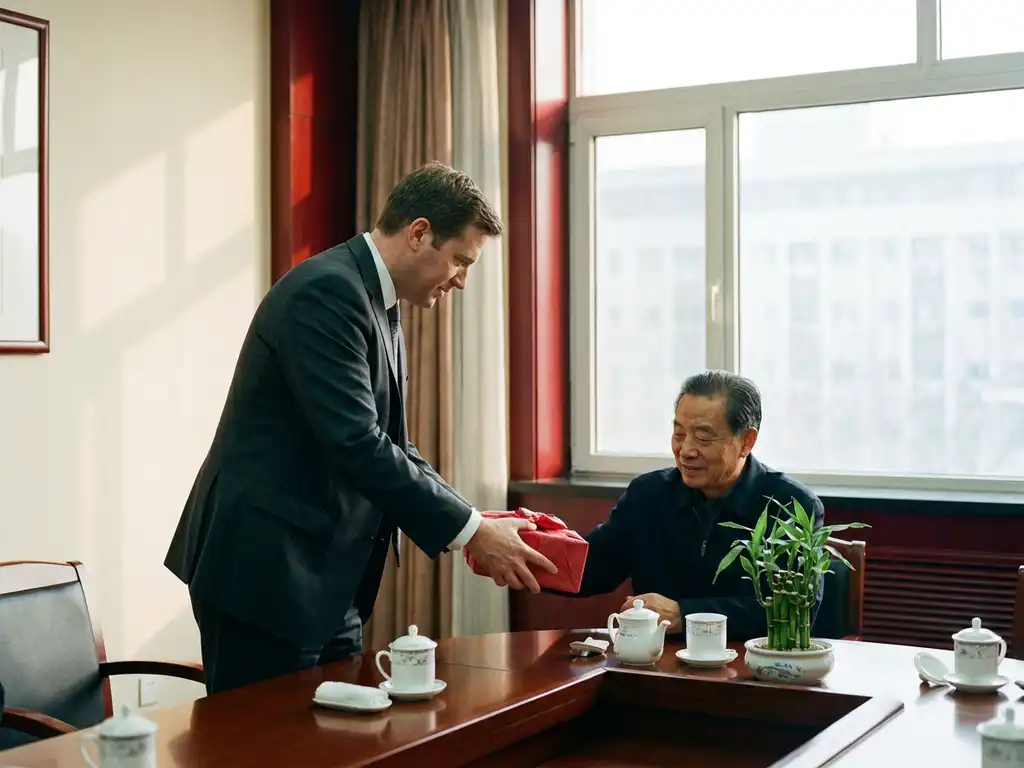 Westlicher Geschäftsmann überreicht Gastgeschenk mit einer Hand bei chinesischem Geschäftsmeeting, Konferenztisch mit Teeservice.